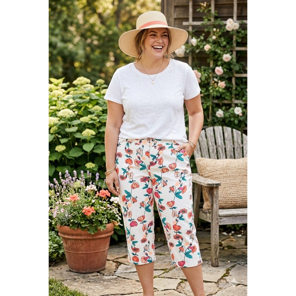 Cottage Floral Cotton Crop Pants 14W Vaca Resort Euro Summer Coastal Grandmother